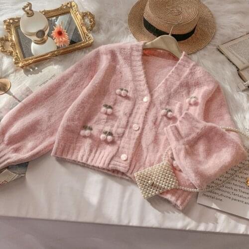 Japanese pink cute cherry cardigan women sweet mori girl knitwear sweater tops coat
