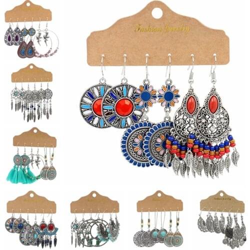 Vintage Womens Bohemian Beads Tassel FlowerDangle Earrings Set Brincos Round Tibetan Earring Oorbellen Jewelry Brincos