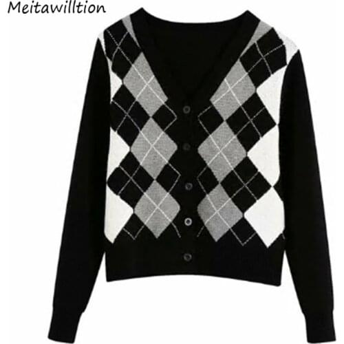 Women Autumn Winter Geometric Print Knitted Sweater 2020 Casual V-Neck Long Sleeve Cardigan Vintage England Style Tops