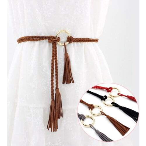 AWAYTR Suede Woven Knotted Thin Belt High Waist Tassel Cummerbund Narrow Adjustable Accessoriesfor Dress Casual Pants Jeans