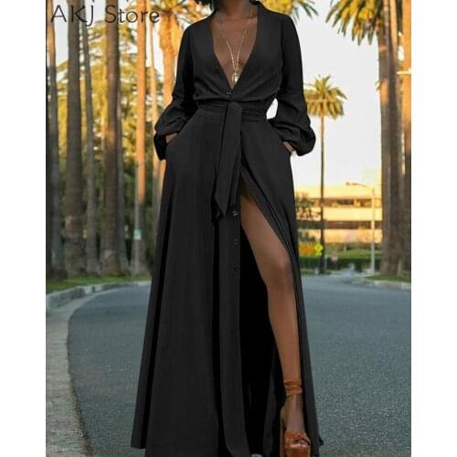 Women V-Neck Lantern Sleeve Single Breasted High Split Oversize Maxi Dress