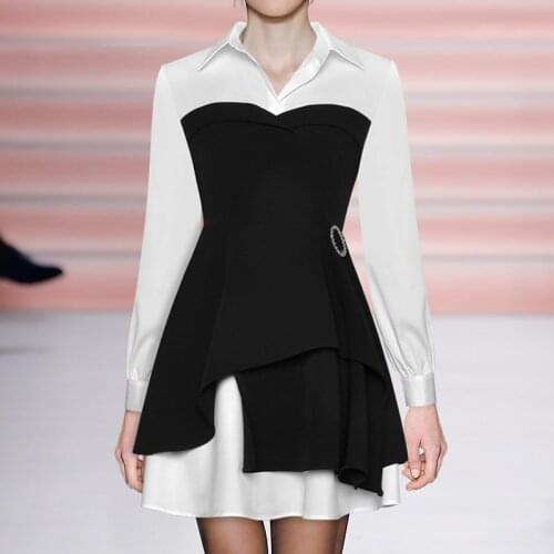 Fashion Patchwork Women Dress Elegant A-Line Long Sleeve Mini Dresses 3293