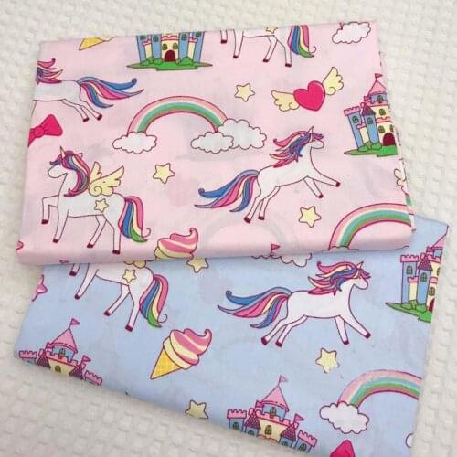 100% Cotton viaPhil Brand Adorable Pink & Blue Cartoon Unicorn Rainbow Castle Fabric Patchwork Cloth Dress Home Decor