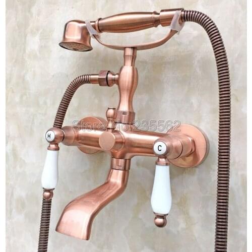 Bathtub Faucet Antique Red Copper With Hand Shower Wall Mounted Bathroom Bath Faucet Dual Handle Mixer Tap Ltf806