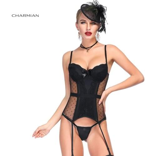 Charmian Womens Charming Black Sheer Mesh Floral Lace Spaghetti Straps Plastic Bone Chemise Bustier Corset Lingerie