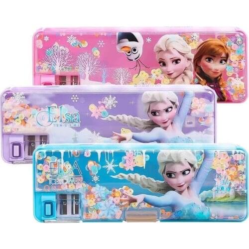 Disney Frozen Pencil Case Cartoon Multifunctional Pencil Case Cute Color Sequin Quicksand Stationery Box School Supplies Gift