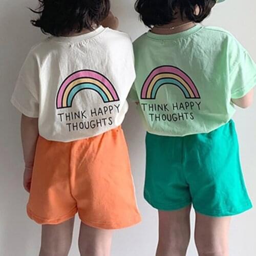 Childrens summer new top simple Korean casual candy color rainbow print cartoon boys and girls short-sleeved t-shirt
