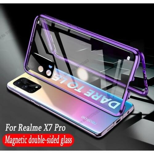 For Oppo Realme X7 Pro Magnetic Adsorption Double Side Case For Realme V15 V11 Q3 Metal Frame Clear Tempered Glass Back Cover