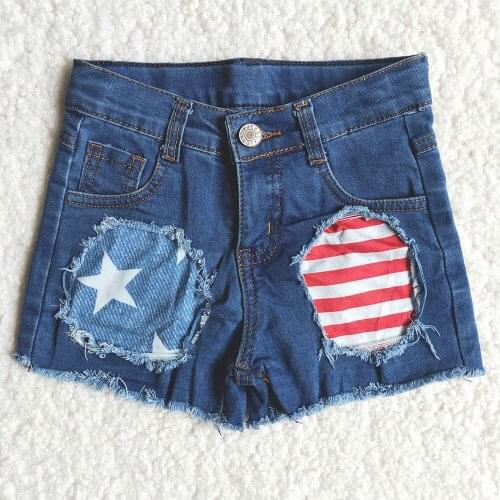 Boutique Children High Quality Fashion Shorts Girls Star And Stripes Pattern Stitching Denim Shorts For July 4th