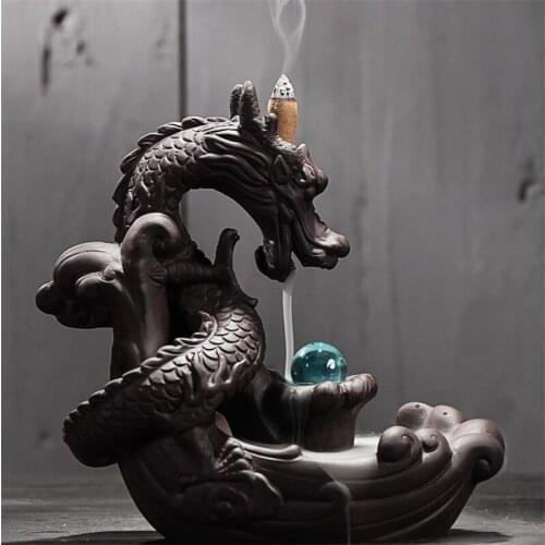 [HHT] Purple Sand Ceramic Dragon Backward Smoke Back Incense Burner Tea Ceremony Decoration Creative Incense Dragon Home Decor