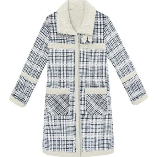 Plaid Thickened Plus Velvet Mid-Long Cotton-Padded Jacket Women 2021 Winter New Lamb Wool Coat M-4XL Female Fashion Overcoat