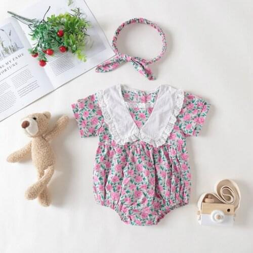 Fashion Baby Girl Clothes Two Piece Lace Turn-down Collar Floral Print Baby Romper+bow Headband Party Wedding Sweet Romper 6-18M