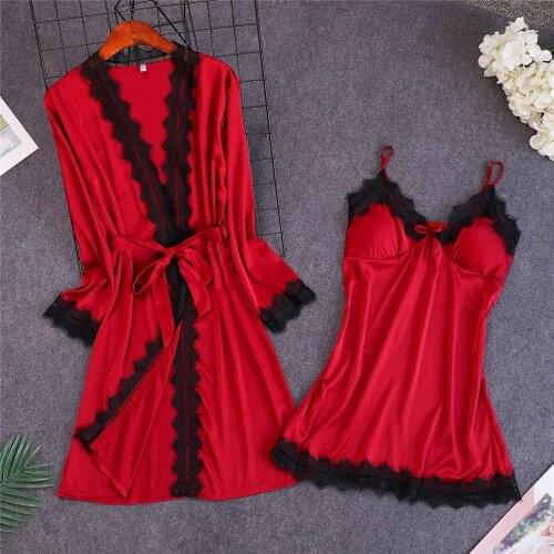 Fashion Women Nightgown Set Sling With Chest Pad Rayon Silk Lace Nightdress Bathrobe Soft Home Wear Sleepwear
