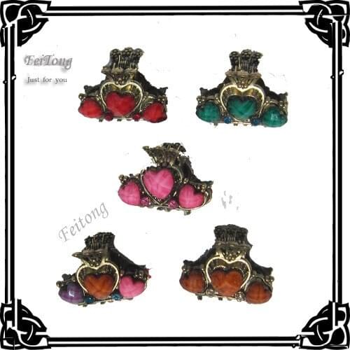 Wholesale - 36pcs/lot Retro Ancient Bronze Resin Drilling Small Claws Hair Claw Clip heart