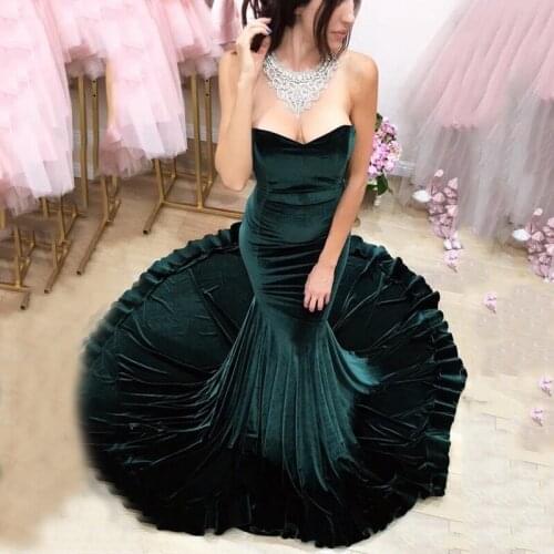 Sexy Sweetheart High Quality Mermaid Prom Gown Dark Green Velour Floor Length Wedding Party Dress