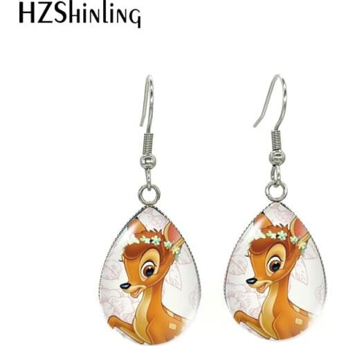 Disney Fawn Bambi Cartoon Pattern Stainless Steel Water Drop Pattern Glass Cabochon Dangle Hook Earrings Jewelry