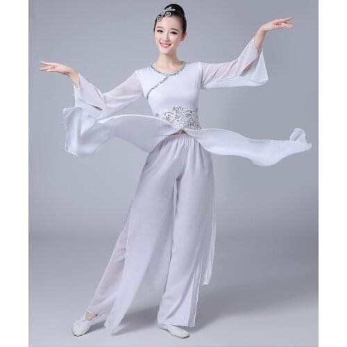 Sequins Dance Suit Chinese Folk Dance Costume Female White Yangko Dance Costume 2 Pcs National Umbrella Dance Clothing