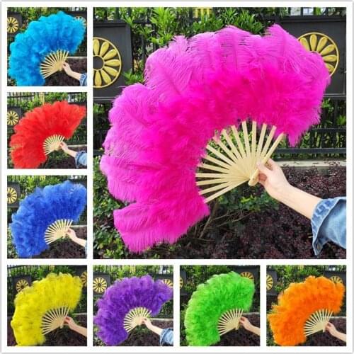 YOYUE 15 Bone High Quality Ostrich Feathers Fan Halloween Party Wedding Celebration Belly Dance Show DIY Decorative Feathers Fan