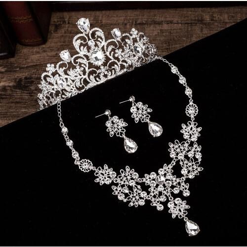 Vintage Bridal Jewelry Sets Rhinestone Crystal Tiaras Crown Earrings For Wedding Necklace Set Bride Luxury Dubai Jewelry Set
