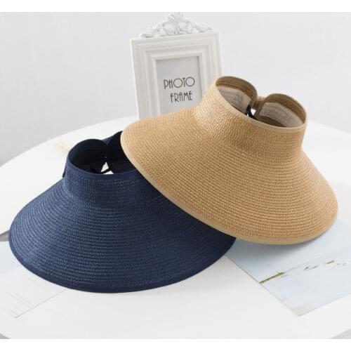 Women Sun Hat UV protection Peaked Cap Sun Visor Adjustable Roll-up Straw Visor with Bowknot Summer Beach Cap Camping Sunbonnet