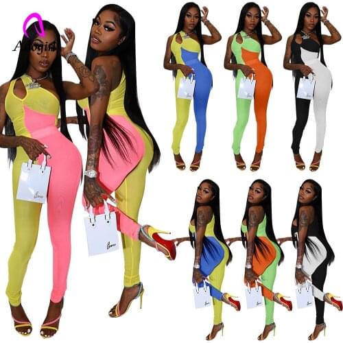 Color Patchwork Women Rompers One Shoulder Skinny Fitness Active Jumpsuits 2021 Summer Sexy Night Club Party One Piece Overalls