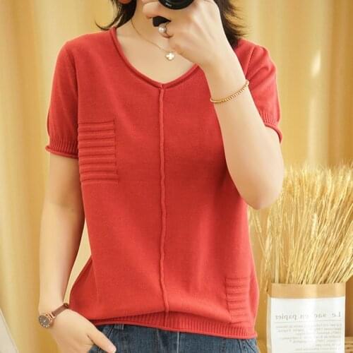 Spring and autumn new style 100% cotton ladies pullover knitted short-sleeved loose large size ladies T-shirt sweater