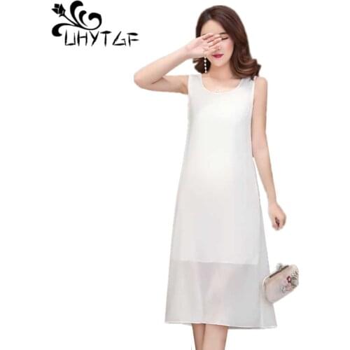 UHYTGF Dresses female 2019 summer New solid color chiffon dress female Fashion stitching Double layer sleeveless strap dresses72
