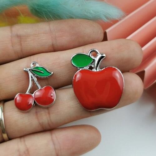 10pcs Fruit Apple Cherry Enamel Charms White K Color Alloy Pendants Fit Earrings Dangle DIY Womens Jewelry Accessory Phone Decor