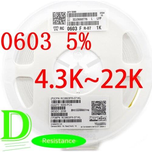 100PCS SMD Resistor 0603 5% RC0603JR-07 Series 4.3K 4.7K 5.1K 5.6K 6.2K 6.8K 7.5K 8.2K 9.1K 10K 11K 12K 13K 15K 16K 18K 20K 22K