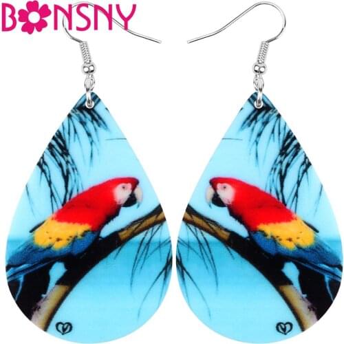 Bonsny Acrylic Teardrop Macaw Parrot Bird Earrings Animal Drop Dangle Jewelry Ornaments For Women Girl Teen Kids Charm Gift Bulk