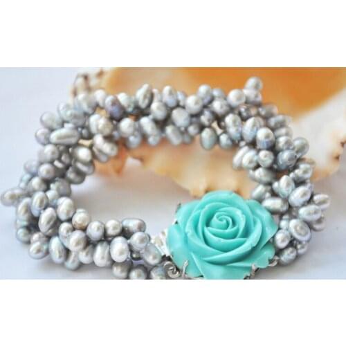 Wedding Woman Gift 4 Rows 5-8mm Dark Gray Natural Freshwater Pearl Bracelet Handmade Green Rose Clasp Woman Jewelry