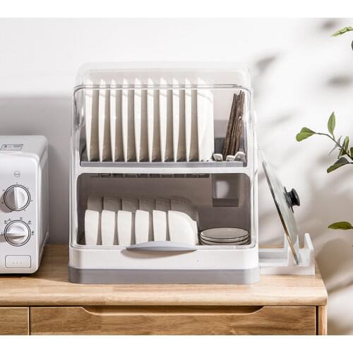 Double-layer large capacity kitchen organizer dust-proof bowl dish storage racks with cover strip hollow drain design shelf