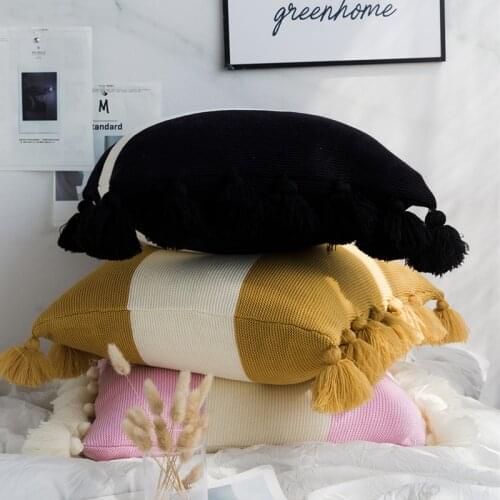 Mustard Cushion Cover Vintage Tassels Square Pillow Case Yellow Black Purple White Stripe 45cm*45cm Soft Ball Home decoration