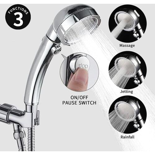 Bathroom Chrome 3 Spray Modes Rain Jetting Shower High Pressure Handheld 360 Degree Rotating Adjustable Shower Head