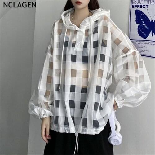 NCLAGEN Harajuku Top Fashion Checkerboard Plaid Loose Casual Hooded Hoodies Sun Protection Oversize Sweatshirts Women Pullovers