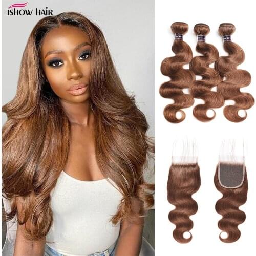 Ishow Brown Colored Human Hair Bundles with Closure 4# Ombre Bundles with Closure Brazilian Human Hair Bundles with Lace Closure