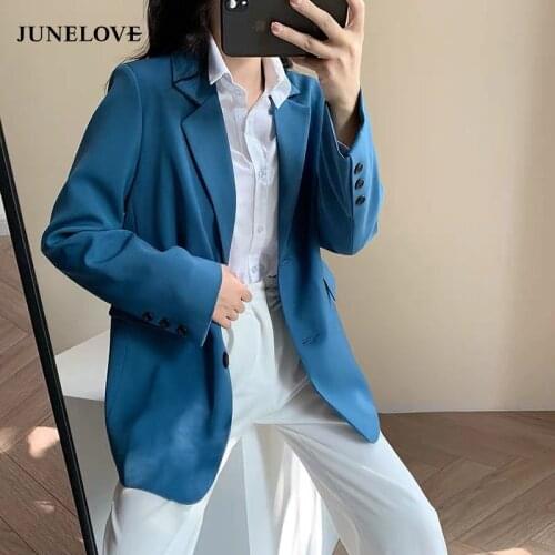 JuneLove Women Lake Blue Jacket Vintage Female Spring Single Breasted Blazers Casual Street Office Lady Korean Fashion Outwears