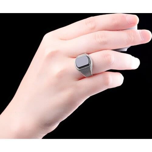 Sterling Silver Black Stone Ring for Men Women Real 925 Silver Open Size Vintage Rings S925 Silver Black Garnet Ring Jewelry