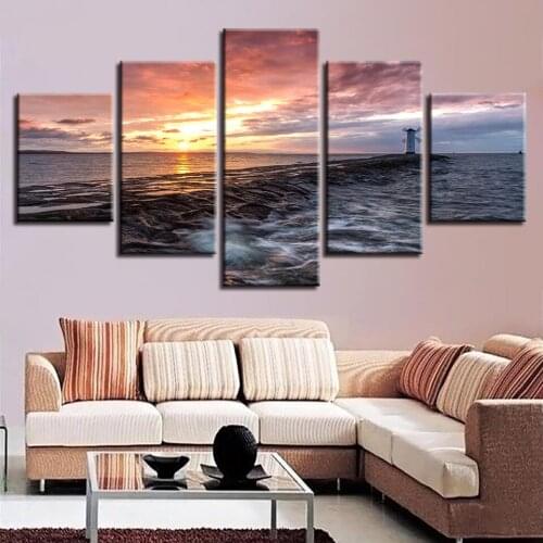 Room Wall Decor Paintings Framework HD Printing 5 Pieces Windmill Lighthouse Sunset Landscape Poster Modular Canvas Pictures Art