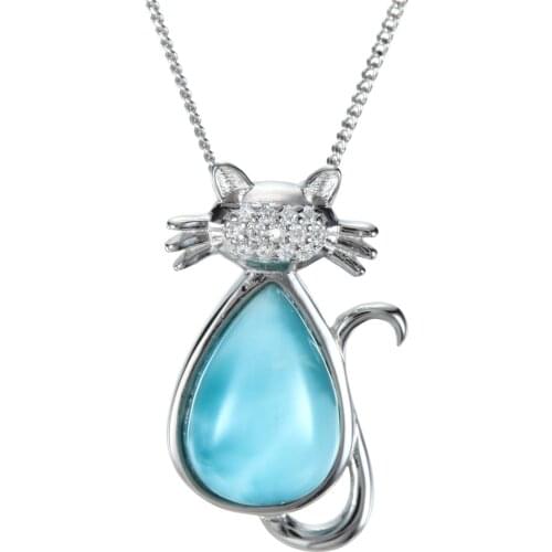 Beautiful Larimar Cat Pendant 925 Sterling Silver Natural Larimar Stone Womens Cat Pendant Necklace For Gift
