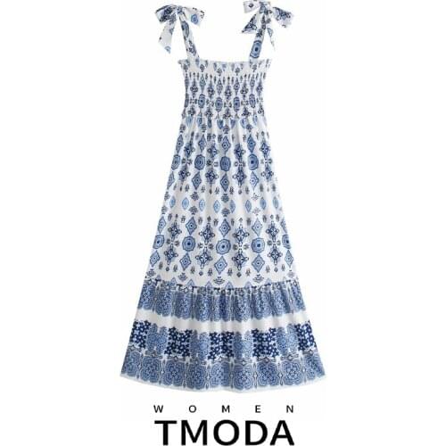 TMODA1596 Za 2021 Summer Women Blue Floral Printed Strappy Midi Dress Ladies Ruched Chic Long Dress Female Sexy Backless Dress