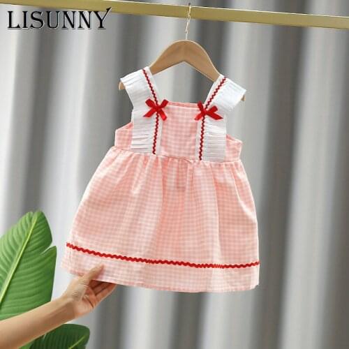 LISUNNY Summer Brand New Cute Cotton Dresses for Newborn Girls Suspender Clothes Baby Girl Princess Plaid Cute Bow Dress 0-4y