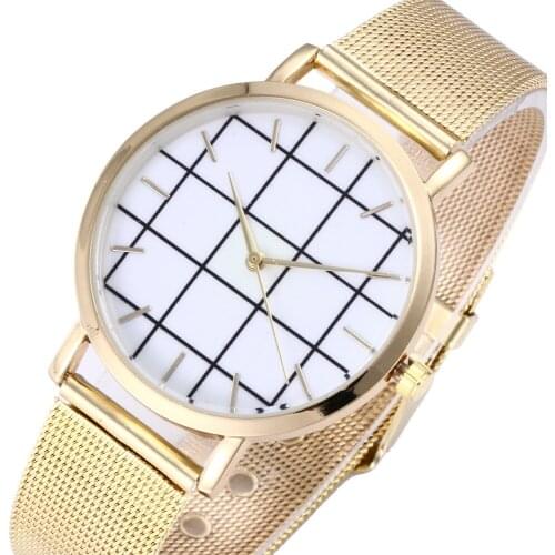 Fashion Casual Grid Golden Womens Quartz Wristwatch Steel Strap Dress Watch Womens Bracelet Watch Relogio Feminino Reloj Mujer