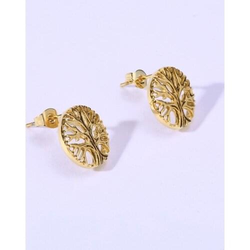 Natural Plant Tree of Life Stud Earrings for Women Gold Tone Stainless Steel Female Earrings Accessory Popular in 2019