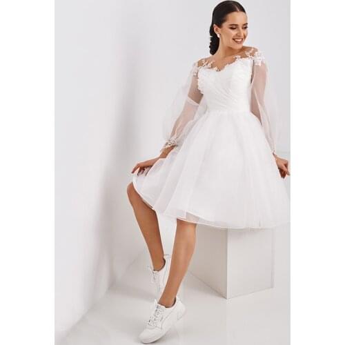 Charming A-Line Tea Length Wedding Dress Scoop Neck Tulle Long Sleeve Pealts Applqiues Bridal Gowns with Lace Up Back