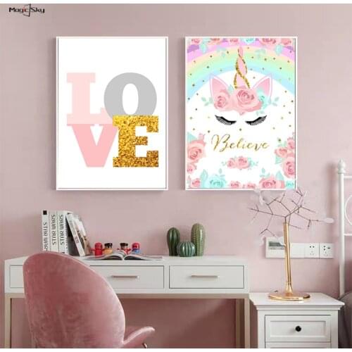 Adorable Unicorn Decoration Poster Print Kawaii Baby Nursery Wall Art Canvas Painting Cute Nordic Picture Child Kids Room Decor