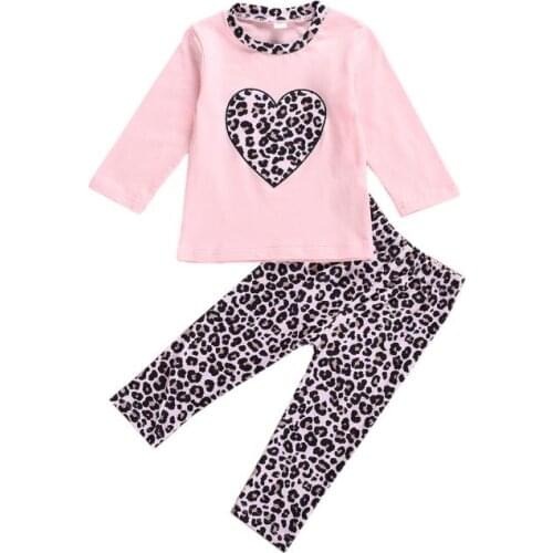 2020 Autumn kids Girl Warm Long sleeve Sweet Heart Pattern T-shirt Suit Personality Leopard Pants Children Clothes Set