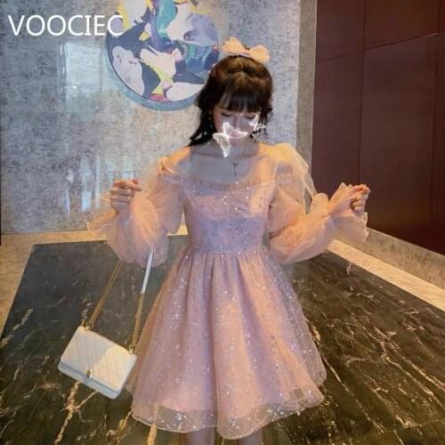 French Vintage Sweet Pink Blue Lolita Dress Mesh Cute Bow Pearl Ruffles Princess Fairy Squared Collar Puff Sleeves Women Dress