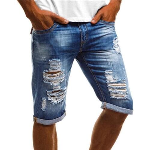 Plus Size Vintage Summer Men Ripped Jeans Turn Up Cuff Fifth Pants Denim Shorts
