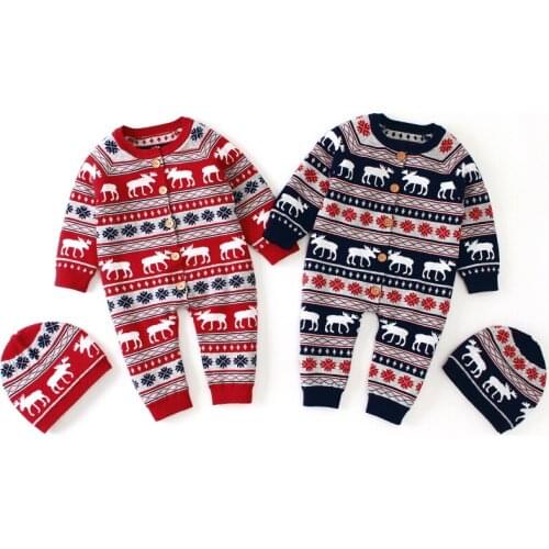 Christmas Infant Romper With Hat Cartoon Elk Baby Rompers Knitting Sweater Winter Toddler Jumpsuit New Born Baby Clothes